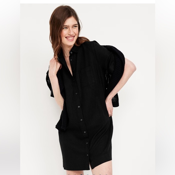 Old Navy Women’s Linen-Blend Dress Button-Down Midi Black Short Sleeve Size M - Picture 4 of 7